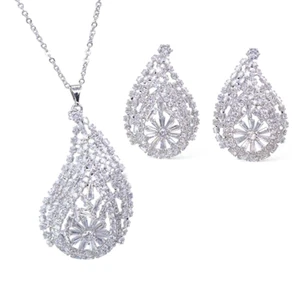Rhodium Plated with Cubic Zirconia Pendant Necklace Earrings Jewelry Set. - Picture 1 of 4