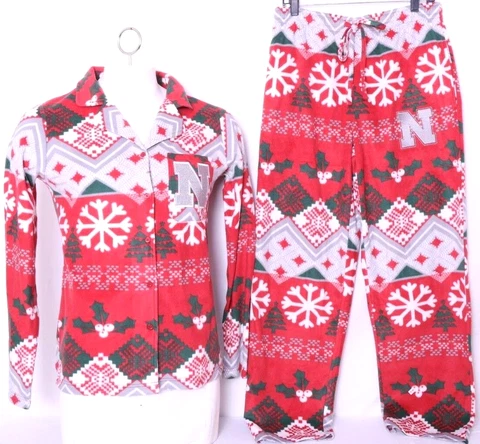 NEW Nebraska Cornhuskers Snowflakes Christmas Fleece Pajama Set Womens S/M Cover