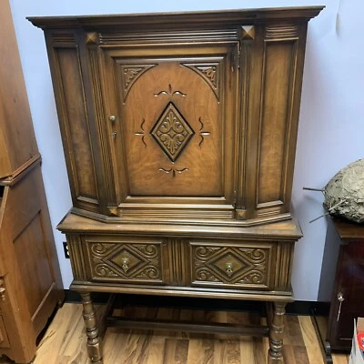 Antique 1900s Jacobean Hand Carved Solid Mahogany Wood Hutch Cabinet - 65”H 39”L - Image 1 of 4