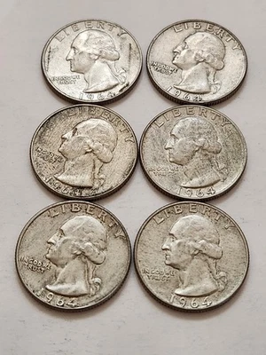 (6) Cuartos de dólar Washington 1964 D 25c 90 % plata (W2) Foto 1 de 2