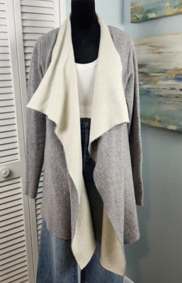 Cárdigan Lovestitch S Gris Crema Cascada Tejido Mezcla Lana Otoño Frente Abierto Foto 1 de 4