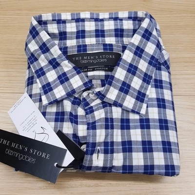 Camisa de vestir BLOOMINGDALES para hombre pequeña azul blanca a cuadros calce ajustado elástica Foto 1 de 4