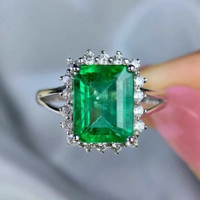 4Ct Green Emerald Diamond Simulated Halo Engagement Ring 14k White Gold Plated - Image 1 of 4