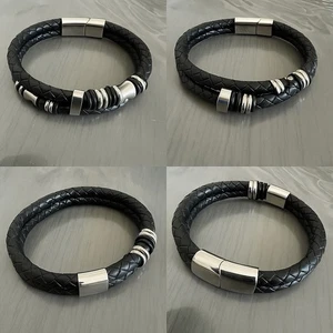 Bracciale Uomo Intrecciato Pelle Nera Accenti Acciaio Inox Chiusura Magnetica  - Foto 1 di 6