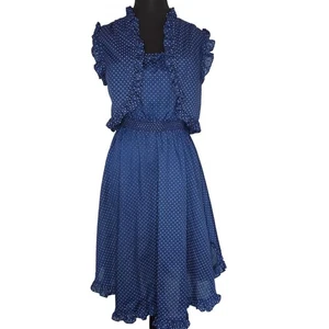 Vestido Bolero Vintage Años 70 Lunares Azul Correa Espagueti Vestido Volantes Pequeña XS - Imagen 1 de 9