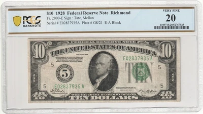 1928 $10 FRN ~ RICHMOND ~ Fr. 2000-E  ~ KEY NOTE ~ PCGS VF   Ser#  E 0283 7935 A - Image 1 of 2