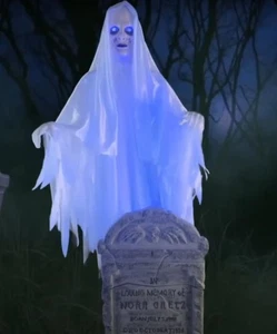 6 FT ANIMATED MOANING GHOST WOMAN OVER TOMBSTONE HALLOWEEN ANIMATRONIC PROP - Picture 1 of 2