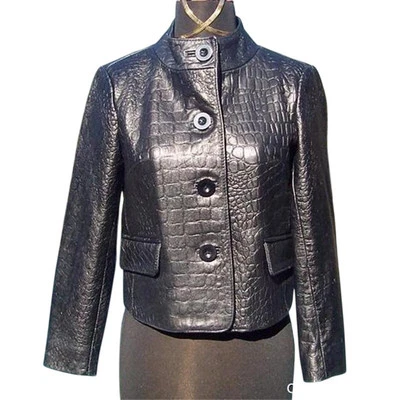 Cache Croc Textured Leather Lined Jacket Coat Top New Front Button NWT $348 - Image 1 of 4