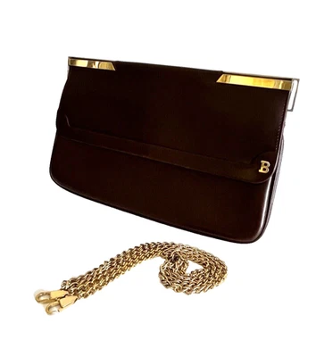 正品 Bally 链条单肩包 棕色皮革 日本 0581 — 第 1/4 张图片