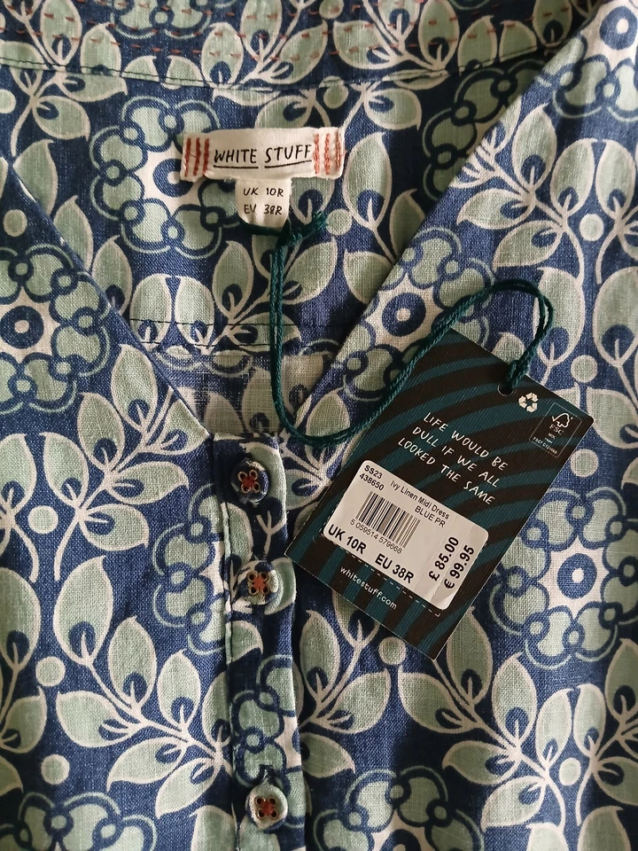 BNWT Lovely White Stuff Ivy Blue Mix Linen V-Neck Midi Dress Size 10R (RRP£85) - Image 1 of 4