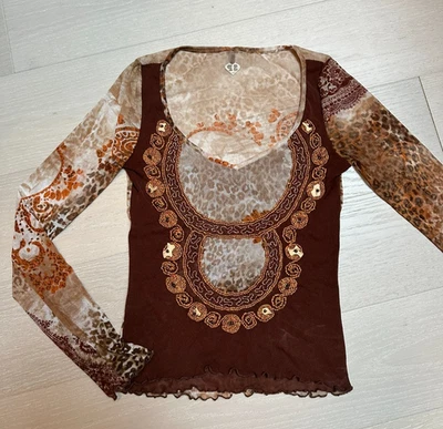 Camisa Passion Italia Rara De Colección Malla Manga Larga y2k Marrón Estampado Animal Cuentas S Foto 1 de 4