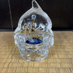 Glass Baron Dolphin With Ball Blue Mirror Figurine Clear Gold With Crystal Base - Picture 1 of 11