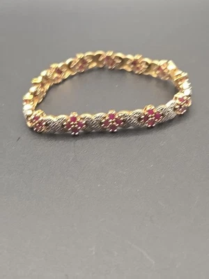 Pulsera Piedras Rosas Flor Oro Vermeil Sobre Plata de Ley 925 Tenis 7.5" Foto 1 de 4