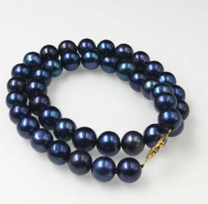 New 11-12mm PEACOCK BLACK GREEN ROUND PEARL NECKLACE 18” - Picture 1 of 3