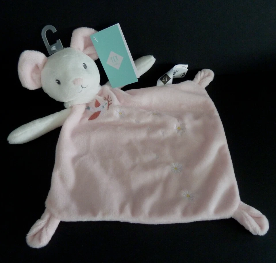 10. Doudou plat TEX BABY SOURIS rose blanc oiseau fleur col fourrure 100 NEUF