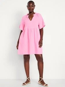 Old Navy Split-Neck Crinkle Gauze Mini Swing Dress Pink Many Sz NEW - Picture 1 of 7