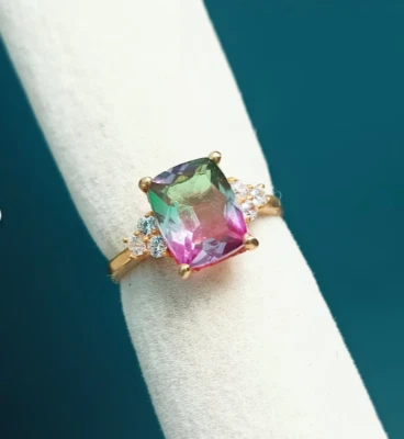 Anillo de turmalina de sandía enchapado en oro amarillo de 14K anillo de piedras preciosas de doble color Foto 1 de 4