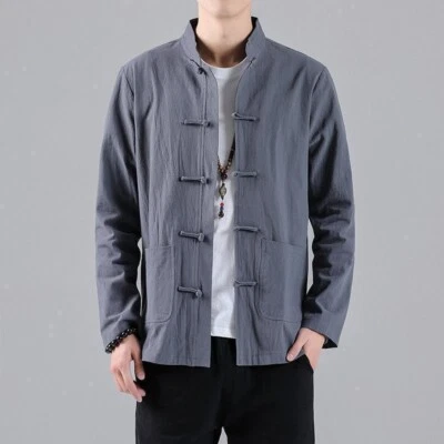 Мужчины свободного кроя китайский стиль хлопок льняной длинным рукавом рубашка ретро тан костюм Топ - Изображение 1 из 4