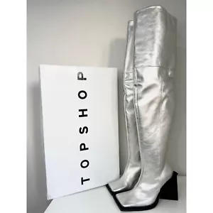 Topshop Premium Thigh High Boots UK 4 Leather Silver Freya Festival RRP £200 - Picture 1 of 13