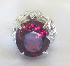 Platinum Solitaire Rhodolite Garnet Diamond Ring - 13.5 gms, Sz 6.25, 14+ ctw - Picture 1 of 14