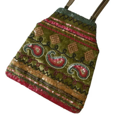 Bohemian embroidered velvet small handbag tote art to wear green multicolor - Image 1 of 4