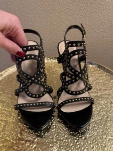 BCBG MAXAZRIA Women's Black Stiletto Strappy Studded Leather Pump Shoes Size 8 - Picture 1 of 7