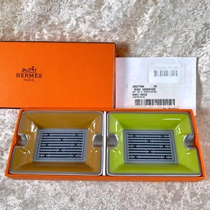 Hermes Porcelain Mini Ashtray Change Tray Green Brown Platinum Rim Set of 2 wBox - Picture 1 of 15