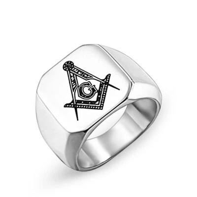 Vintage Masonic Symbol Square Signet Ring Stainless Steel Freemason Seal Ring - Image 1 of 3