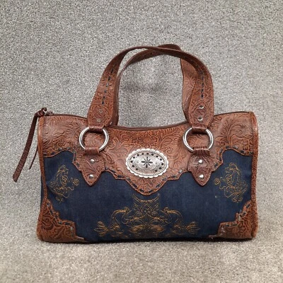 Ariat Purse Navy Blue Brown Denim Leather Bag Large Handbag Spacious Embossed - Image 1 of 4