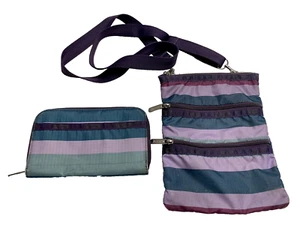 Le SportSac Kasey Three Zipper Crossbody Bag Purse Purple & Wallet Teal Stripes - Picture 1 of 9
