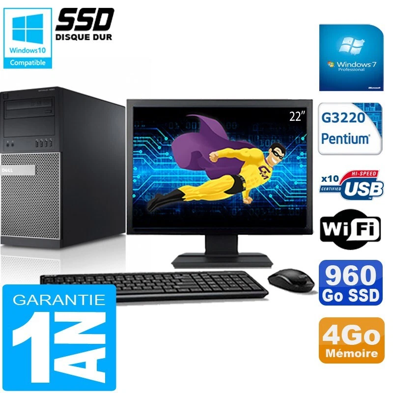 PC Tour DELL 9020 Intel G3220 Ram 4Go Disque 960 Go SSD Wifi W7 Pantalla 22" - Imagen 1 de 1