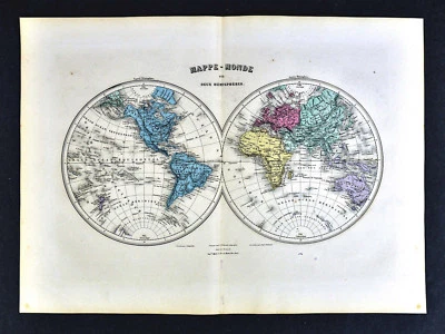 1877 Migeon Map - World in Hemispheres - America Europe Africa Asia Australia - Image 1 of 2