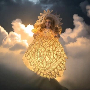 Vtg Animated Motion Porcelain Angel Ivory Battenberg Lace Christmas Tree Topper - Picture 1 of 13