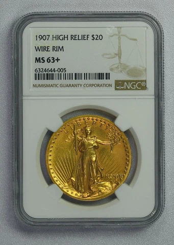 1907 HIGH RELIEF  Wire Rim $20 Gold St. Gaudens Double Eagle NGC MS 63+ Plus Cover