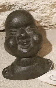 3.5" Rustic Antique Vintage Rod Iron Wall Coat Hook Laughing Happy Buddha Head - Picture 1 of 12