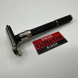 Navaja de afeitar de seguridad Gillette ajustable 1-9 vintage EE. UU. negra plateada y hoja - Imagen 1 de 11
