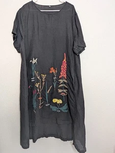 Mordenmiss Long Line Dress Black Womens XXL Oversize Lagenlook Floral Boho Linen - Picture 1 of 7
