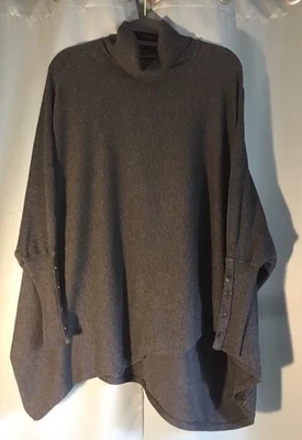 Alfani Woms Small Gray Sweater Turtleneck Bat Wing Ribbed Silver Buttons Poncho - Image 1 of 4
