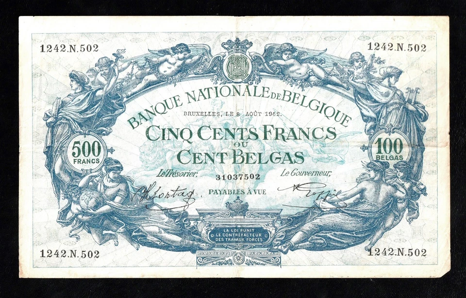 🇧🇪 BELGIUM 1942, 500 FRANCS 100 BELGAS @ LARGE SIZE , RARE NOTE !!! - Image 1 of 2