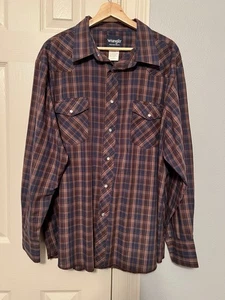 Wrangler Pearl Snap Mens Size 2XL Plaid Western Work Shirt Red Navy Long Sleeve - Picture 1 of 9