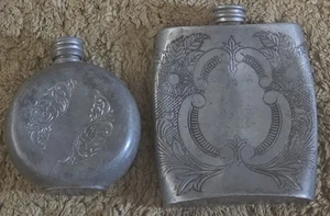 Pair Of Antique English Pewter Hip Flasks - Picture 1 of 7