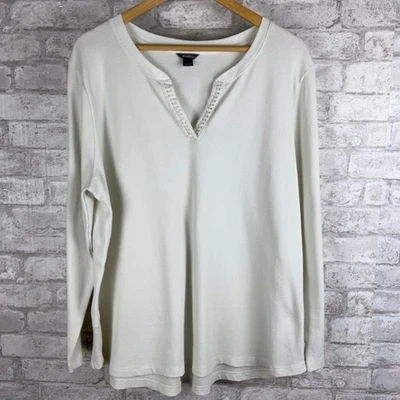 Eddie Bauer Womens 2XL Cream Waffle Knit Henley Split Neck Top Crochet Trim - Image 1 of 4