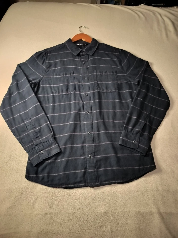 Travis Mathew Men's, Shirt Long Sleeve,  Flannel, Navy Blue Striped, Sz M. - Image 1 of 4