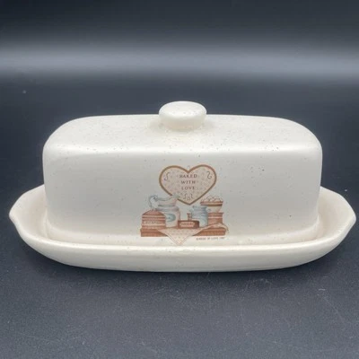 Plato de mantequilla House of Lloyd horneado con amor 1989 cerámica moteada decoración rural Foto 1 de 4