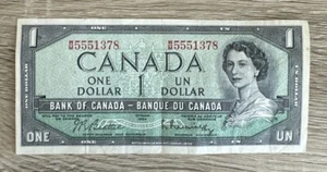 1954 CANADIAN 1 DOLLAR BILL Fancy Serial Number 555 CIRCULATED Vg Rare Queen  - Picture 1 of 9