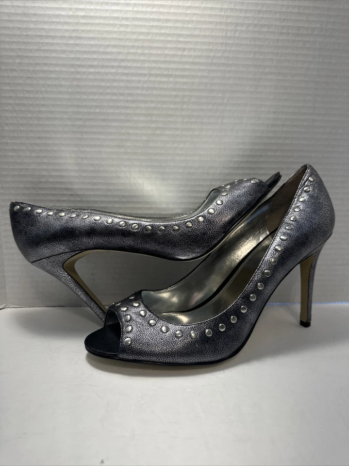 Zapatos de tacón Enzo Angiolini talla 11M punta abierta para mujer HR-10 de cuero plateado Foto 1 de 4