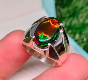 Solid Mens Black Opal Ring Unique Fire Opal Ring 925 Sterling Silver Rings - Picture 1 of 6