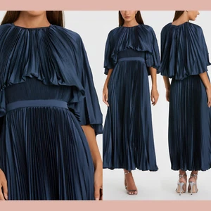 NWT Mac Duggal [ 8 ] 49638 Pleated Caplet Tea-length Dress Midnight Blue J1418 - Picture 1 of 13