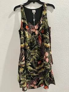 Cupio Dress Size Medium Black Floral Palm Sleeveless V-Neck Tiered Light NWT - Bild 1 von 8