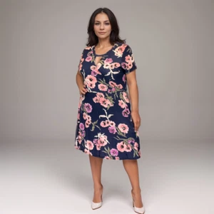 ROCKTHOSECURVES ABITO DONNA ROSA NAVY FLOREALE MANICA CORTA FINTO AVVOLGENTE TAGLIE FORTI - Foto 1 di 5